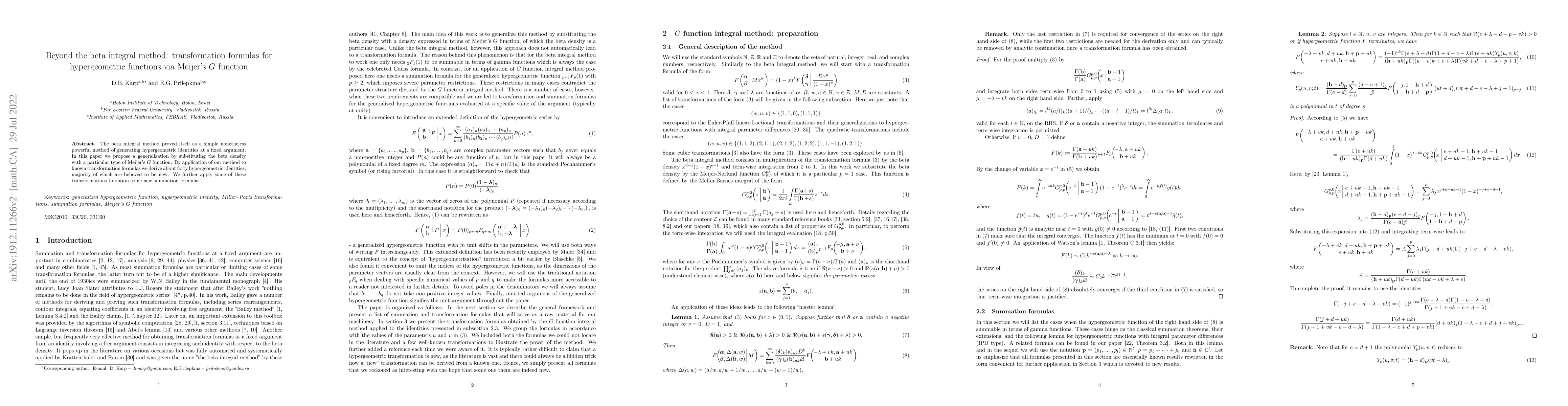 Thumbnail for Beyond the beta integral method: transformation formulas for
  hypergeometric functions via Meijer's G function