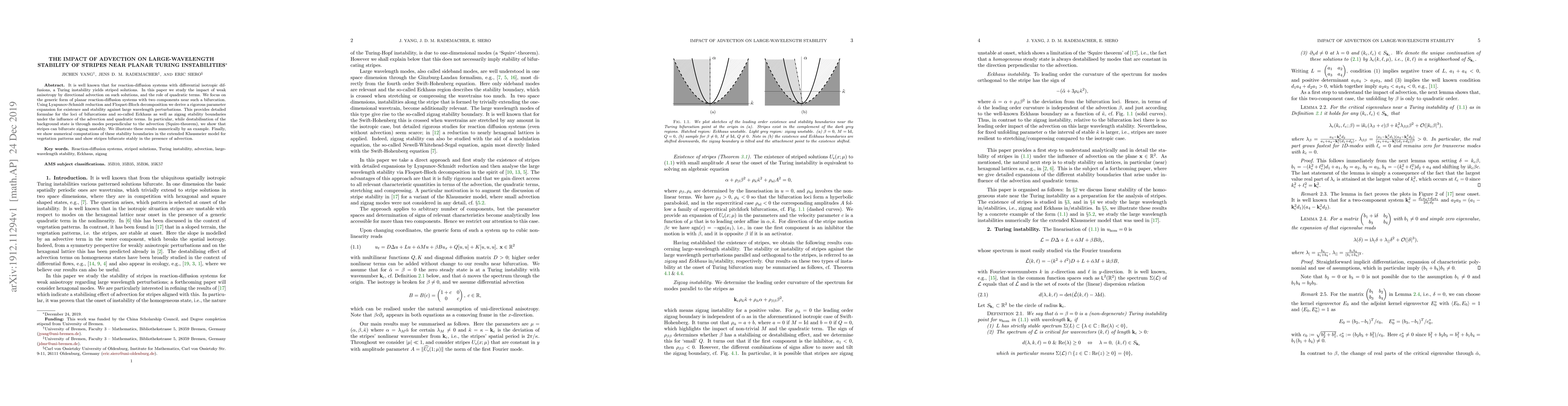 Thumbnail for The impact of advection on large-wavelength stability of stripes near
  planar Turing instabilities