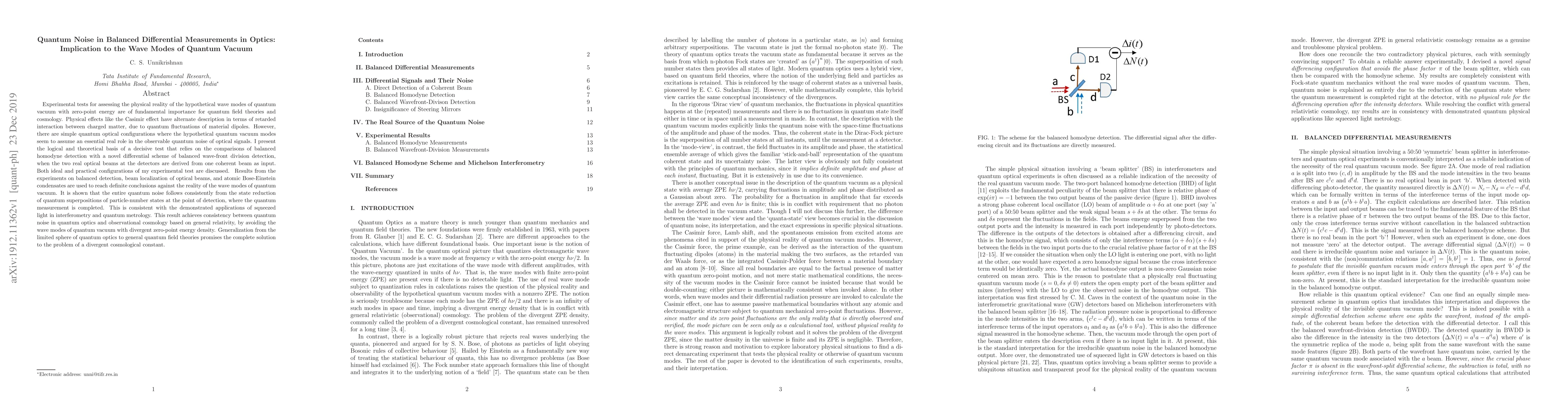 Thumbnail for Quantum Noise in Balanced Differential Measurements in Optics:
  Implication to the Wave Modes of Quantum Vacuum