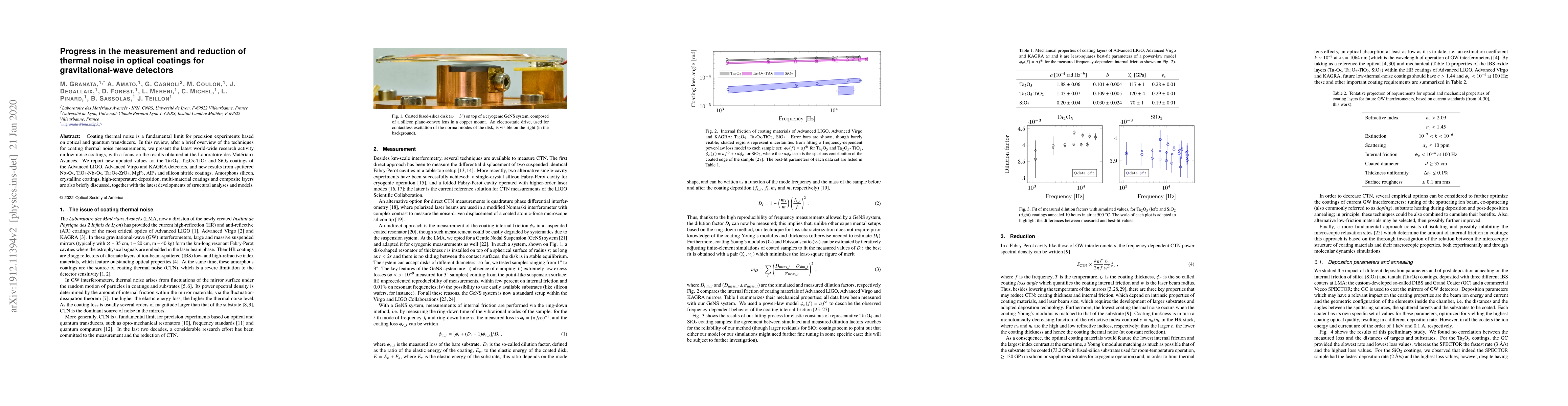 Thumbnail for Progress in the measurement and reduction of thermal noise in optical
  coatings for gravitational-wave detectors