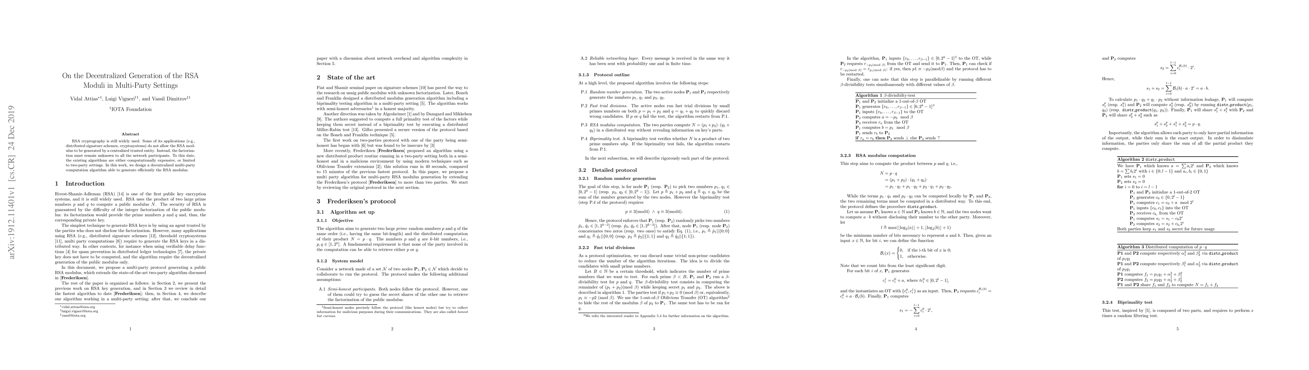 Thumbnail for On the Decentralized Generation of theRSA Moduli in Multi-Party Settings