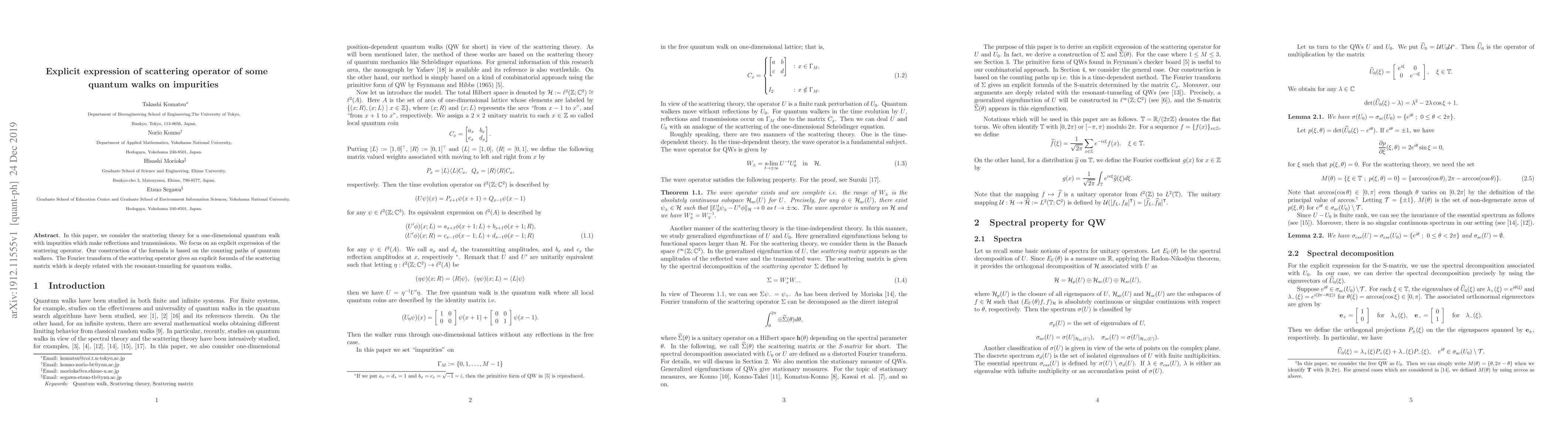 Thumbnail for Explicit expression of scattering operator of some quantum walks on
  impurities