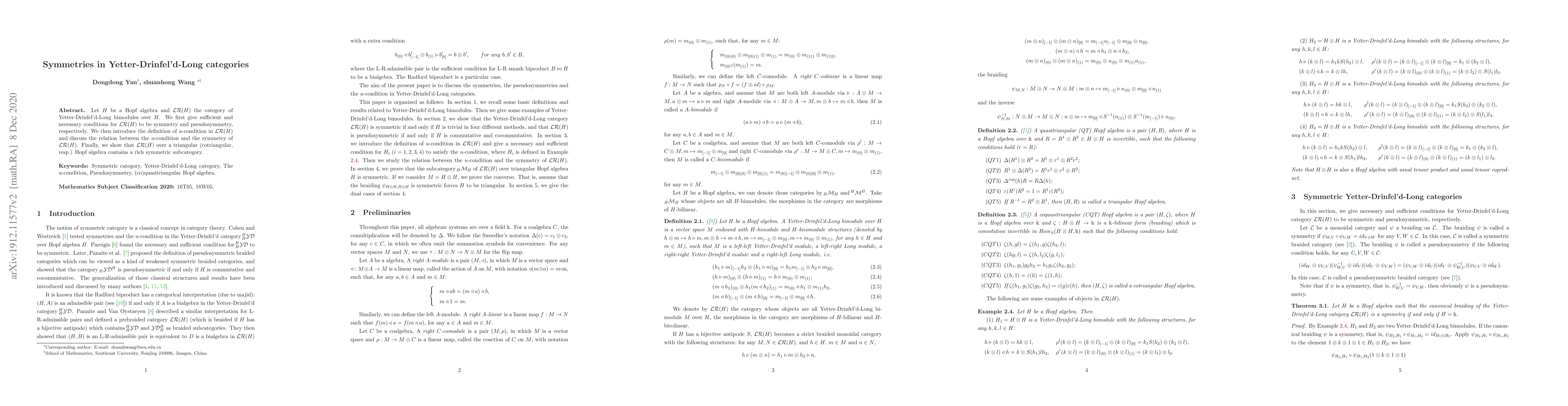 Thumbnail for Symmetries in Yetter-Drinfel'd-Long categories