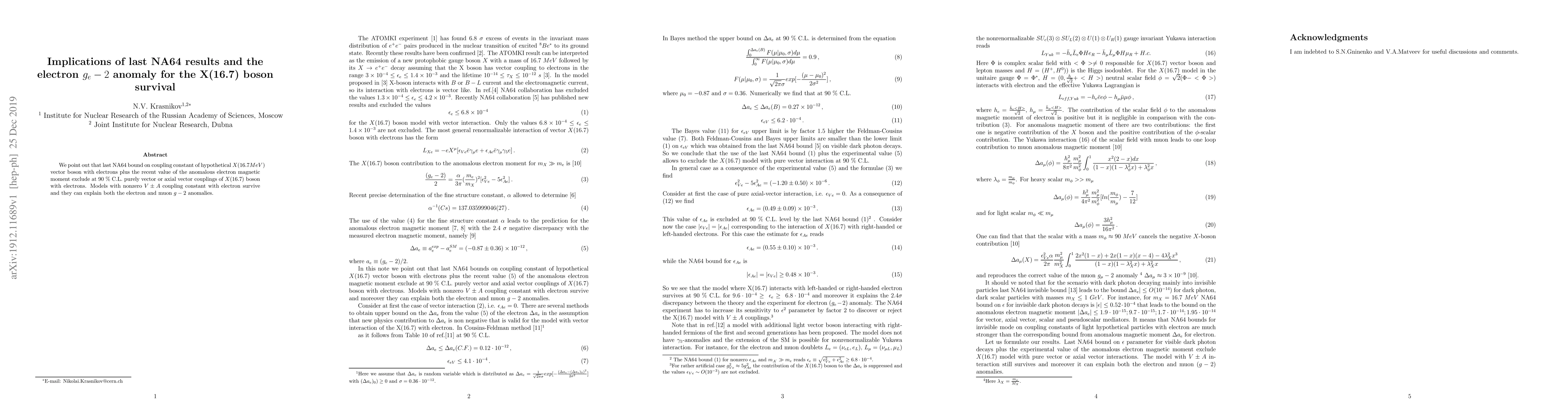 Thumbnail for Implications of last NA64 results and the electron $g_{e}-2$ anomaly for
  the X(16.7) boson survival