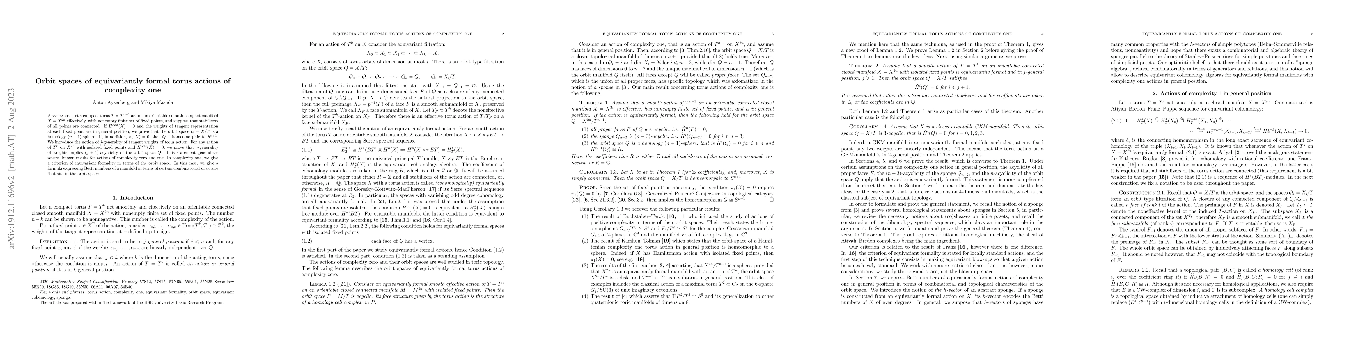 Thumbnail for Orbit spaces of equivariantly formal torus actions of complexity one