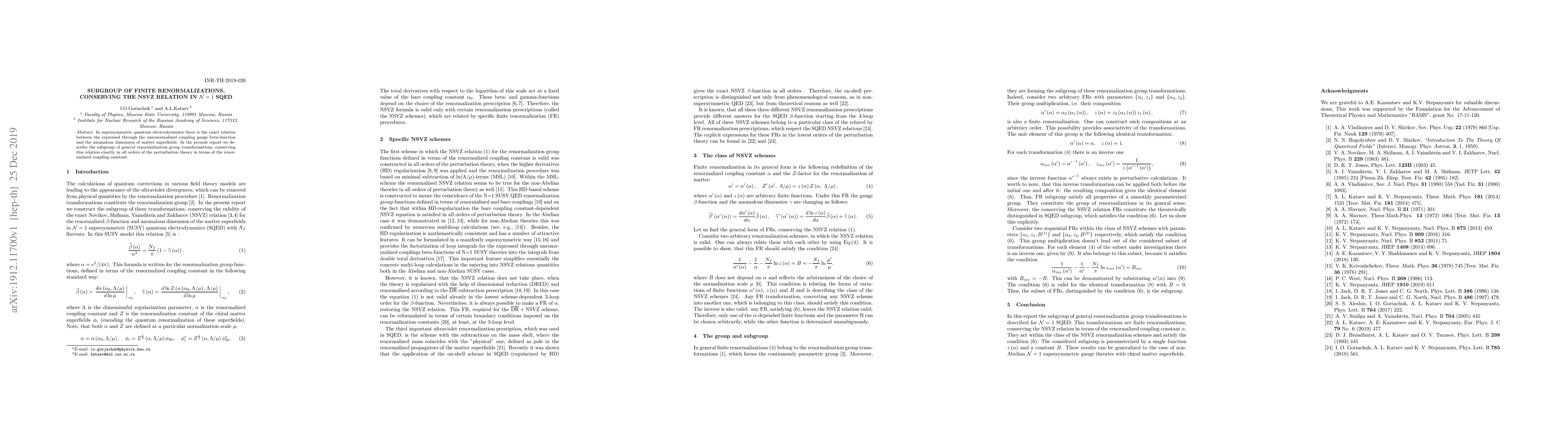 Thumbnail for Subgroup Of Finite Renormalizations, Conserving The NSVZ Relation In
  $\mathcal{N} = 1$ SQED