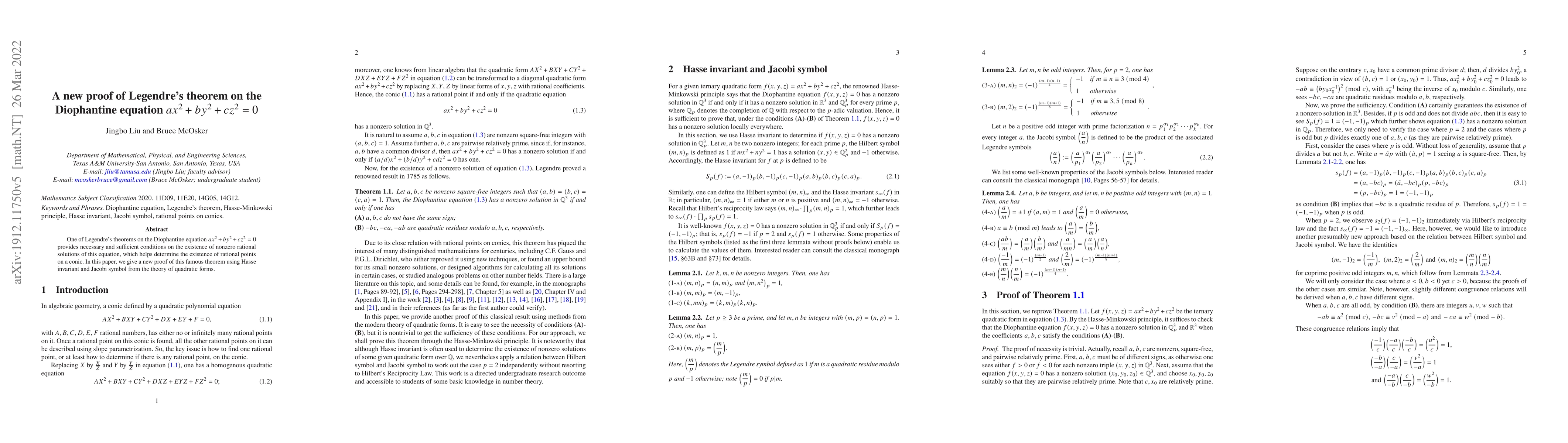 Thumbnail for A new proof of Legendre's theorem on the Diophantine equation
  $ax^2+by^2+cz^2=0$