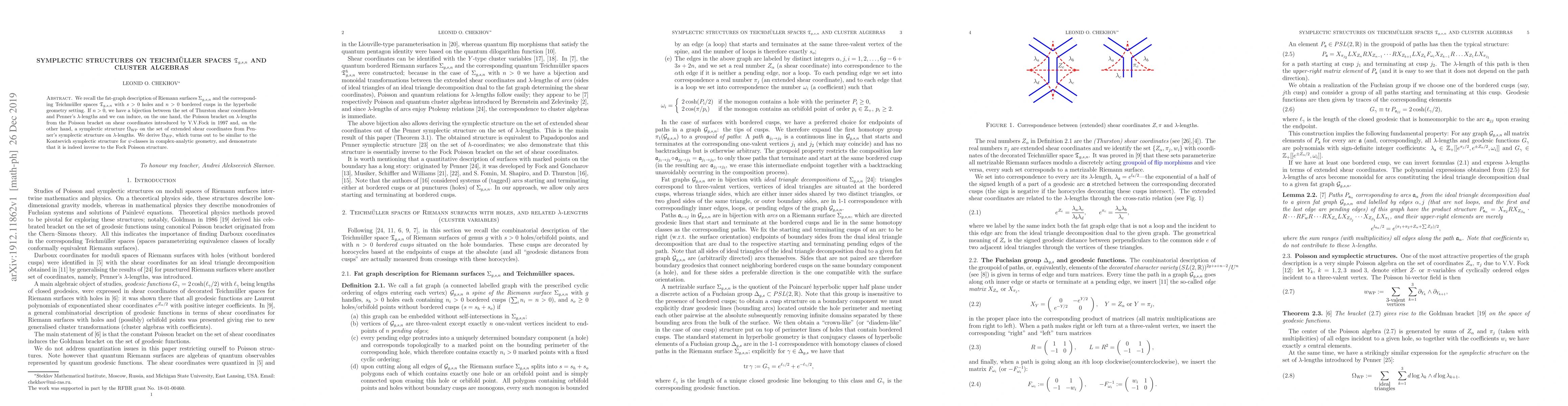 Thumbnail for Symplectic structures on Teichm\"uller spaces $\mathfrak T_{g,s,n}$ and
  cluster algebras