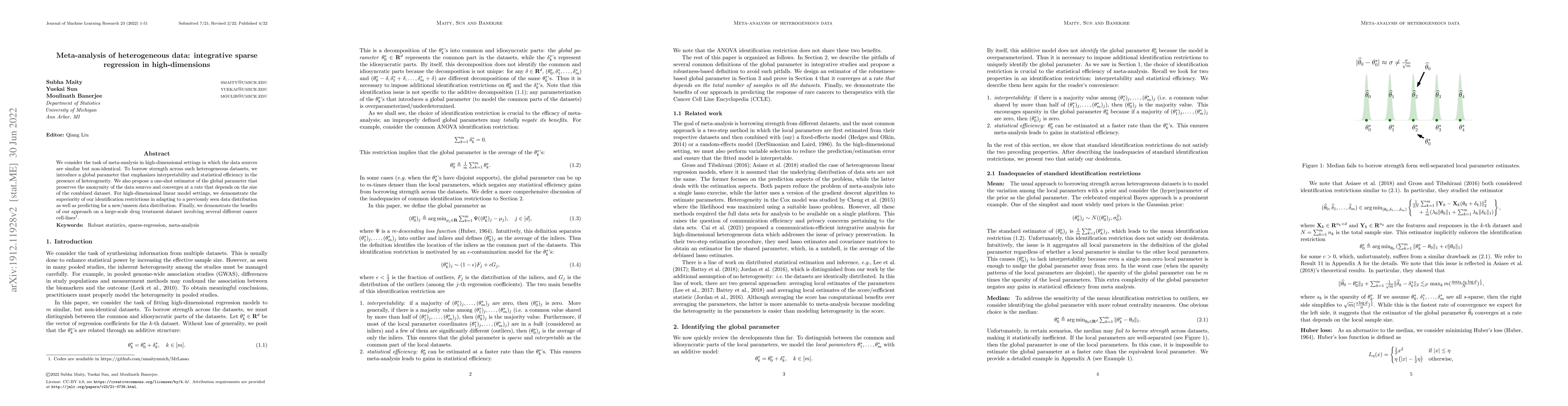 Thumbnail for Meta-analysis of heterogeneous data: integrative sparse regression in
  high-dimensions