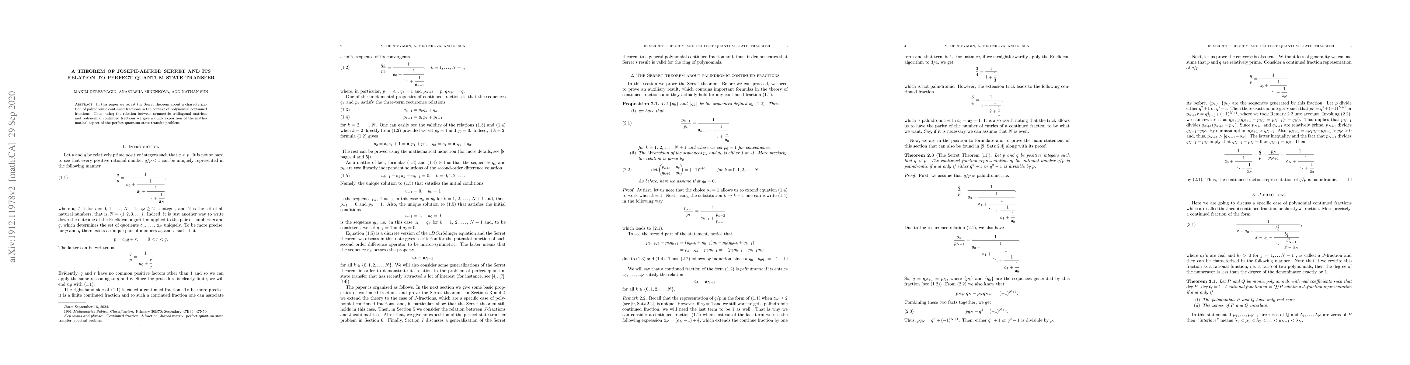 Thumbnail for A Theorem of Joseph-Alfred Serret and its Relation to Perfect Quantum
  State Transfer