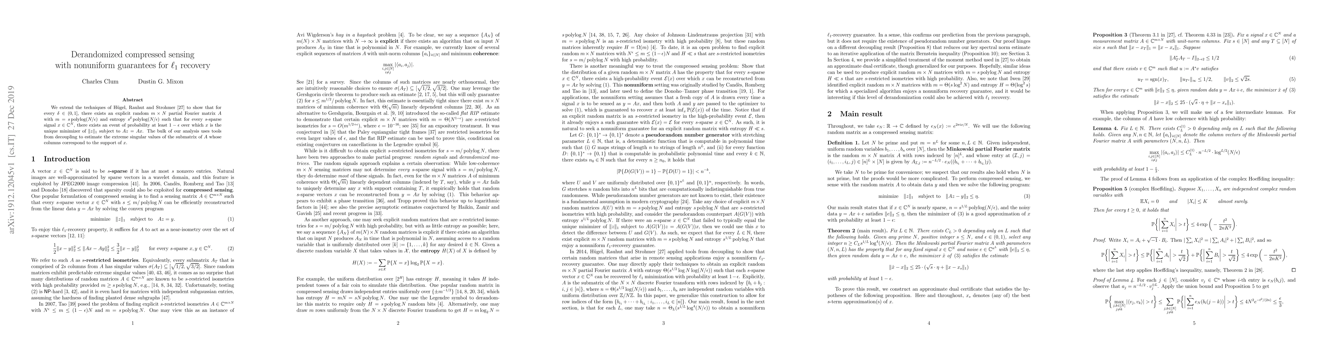 Thumbnail for Derandomized compressed sensing with nonuniform guarantees for $\ell_1$
  recovery
