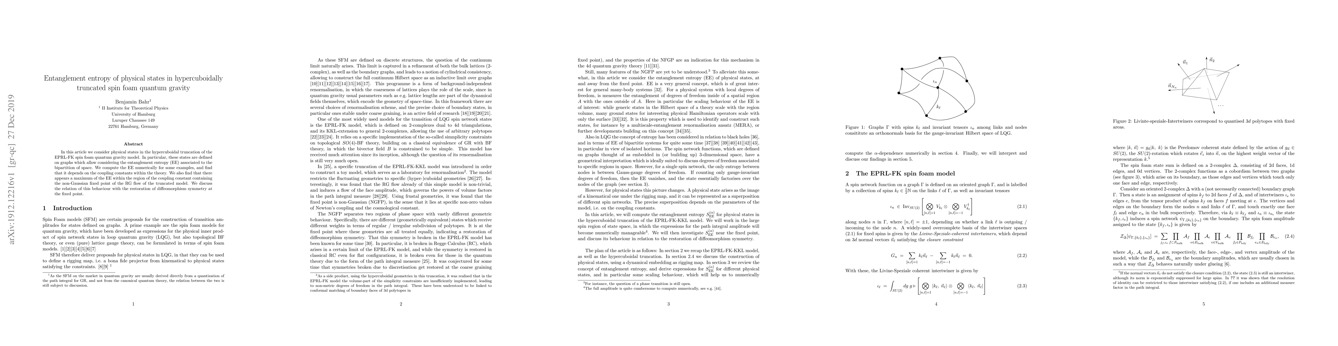 Thumbnail for Entanglement entropy of physical states in hypercuboidally truncated
  spin foam quantum gravity