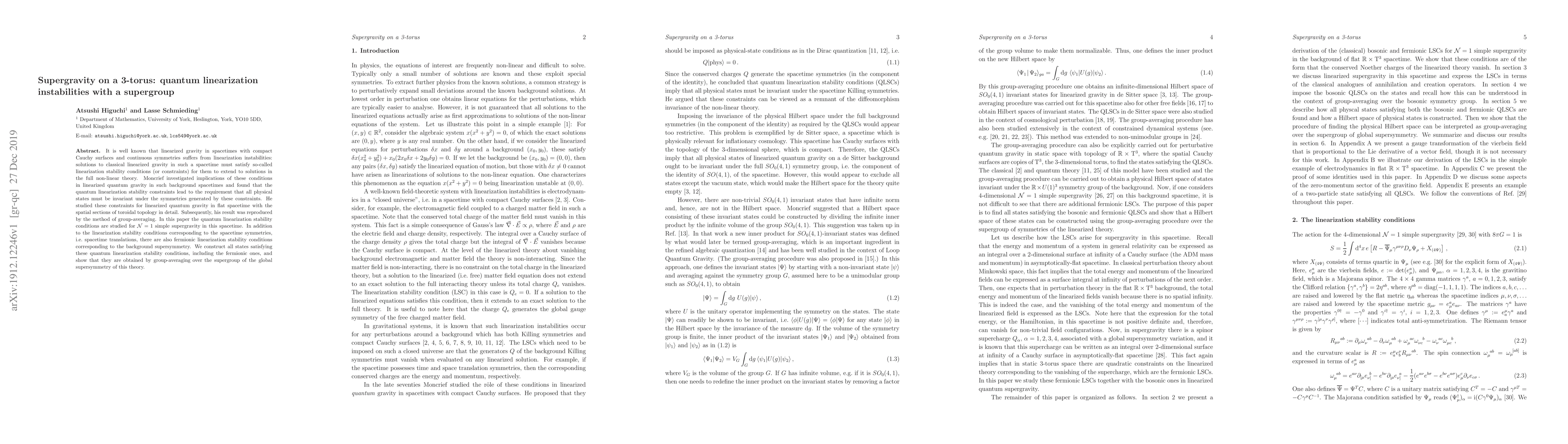 Thumbnail for Supergravity on a 3-torus: quantum linearization instabilities with a
  supergroup