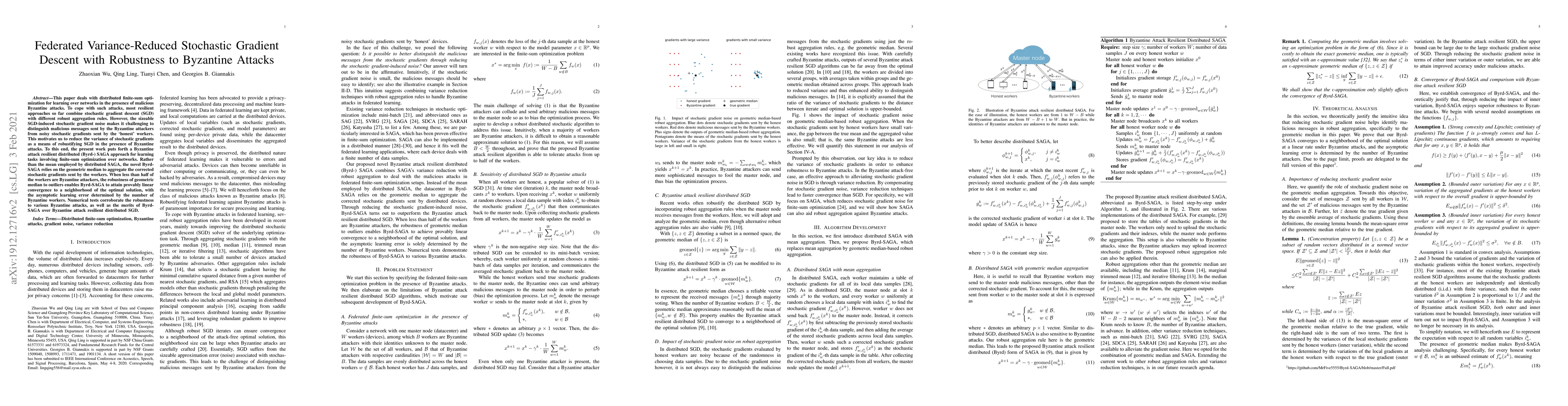 Thumbnail for Federated Variance-Reduced Stochastic Gradient Descent with Robustness
  to Byzantine Attacks