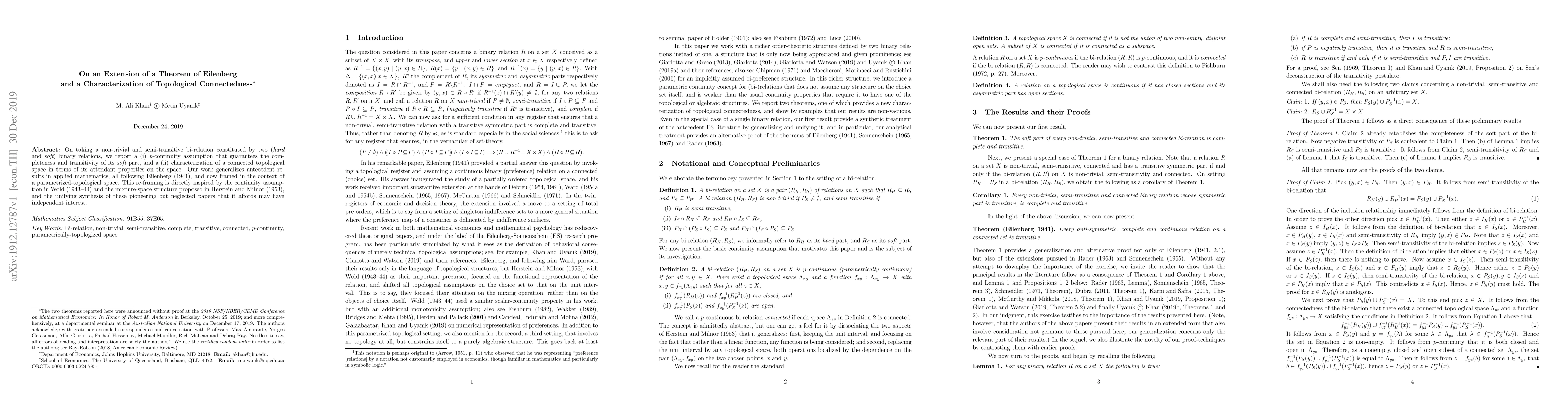 Thumbnail for On an Extension of a Theorem of Eilenberg and a Characterization of
  Topological Connectedness