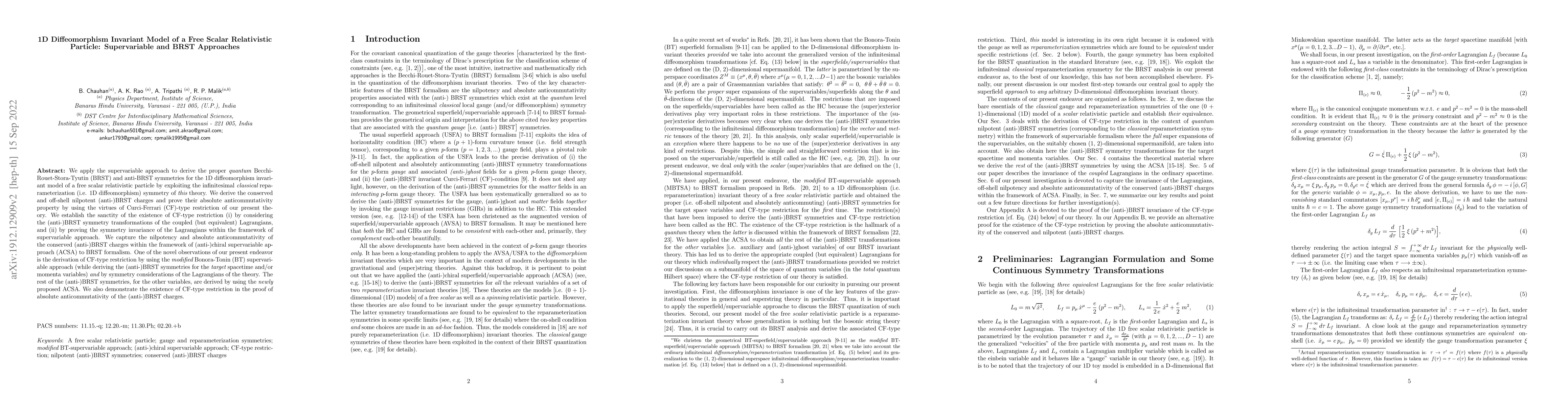 Thumbnail for 1D Diffeomorphism Invariant Model of a Free Scalar Relativistic
  Particle: Supervariable and BRST Approaches