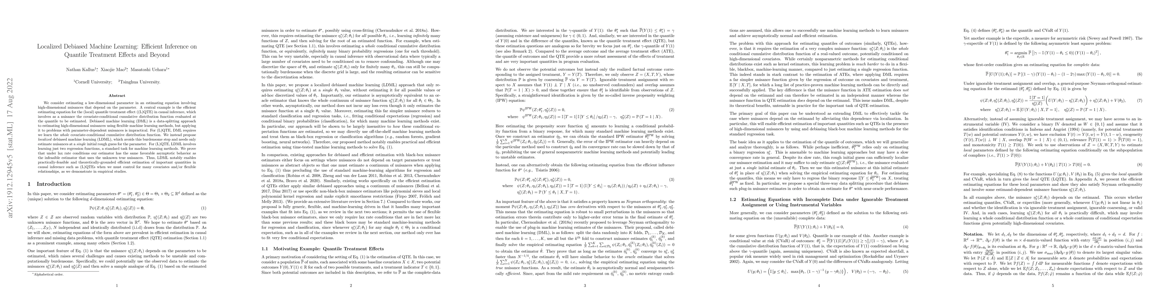 Thumbnail for Localized Debiased Machine Learning: Efficient Inference on Quantile
  Treatment Effects and Beyond
