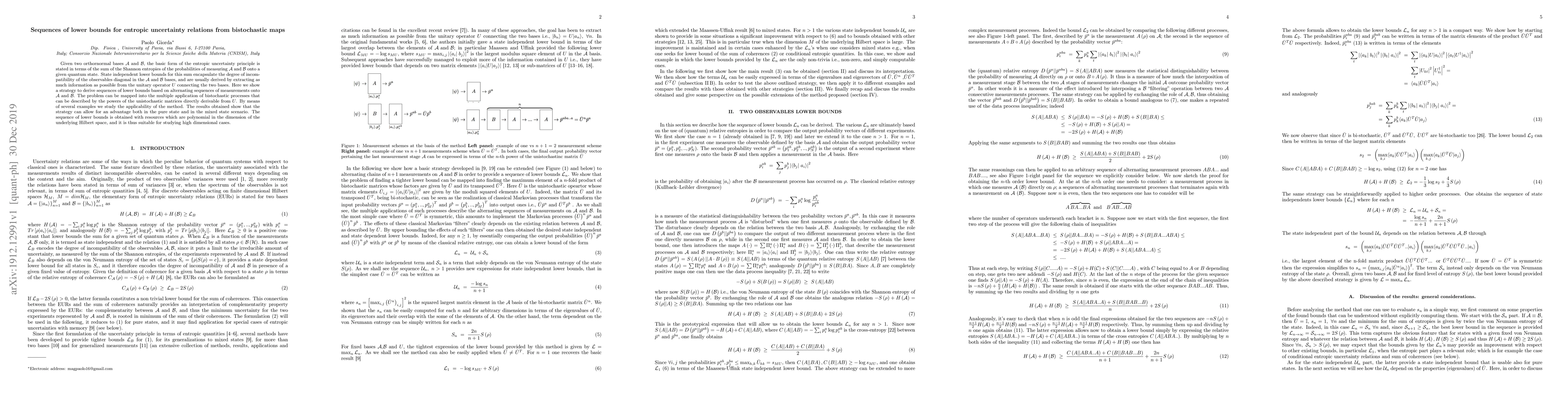 Thumbnail for Sequences of lower bounds for entropic uncertainty relations from
  bistochastic maps