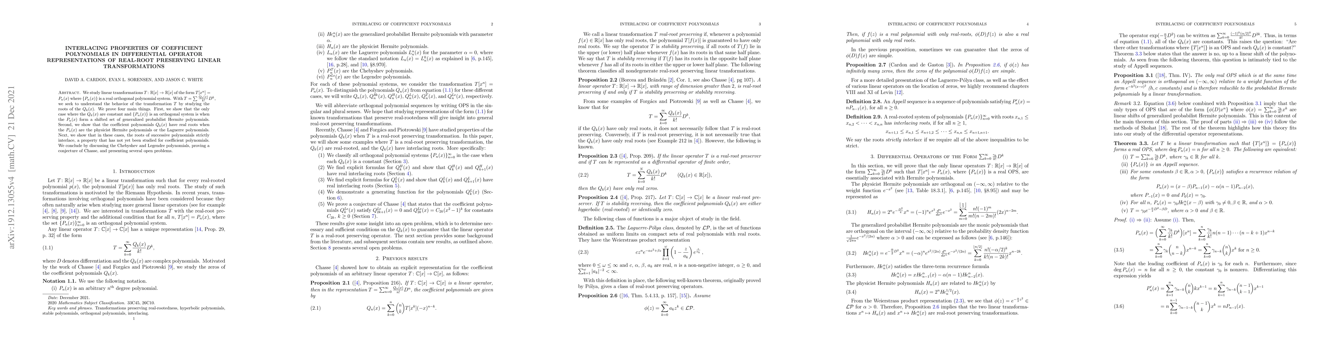 Thumbnail for Interlacing Properties of Coefficient Polynomials in Differential
  Operator Representations of Real-Root Preserving Linear Transformations