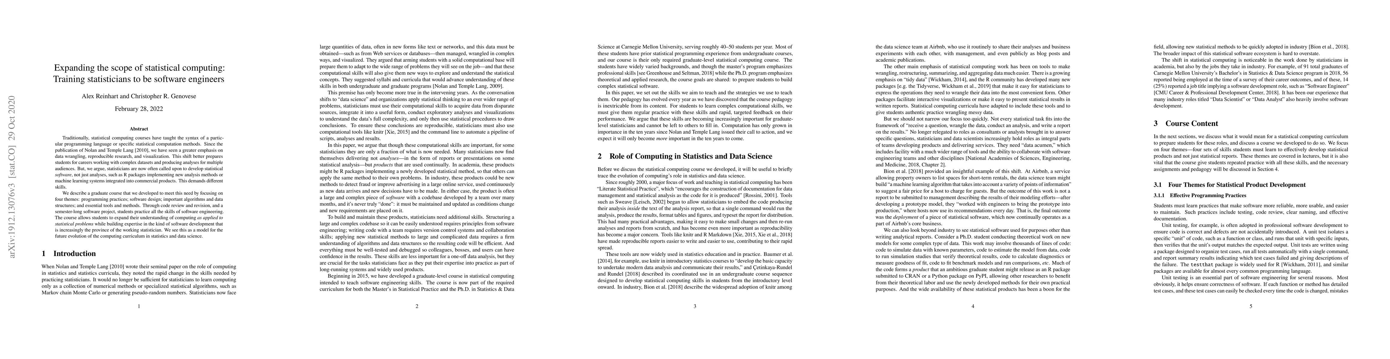 Thumbnail for Expanding the scope of statistical computing: Training statisticians to
  be software engineers