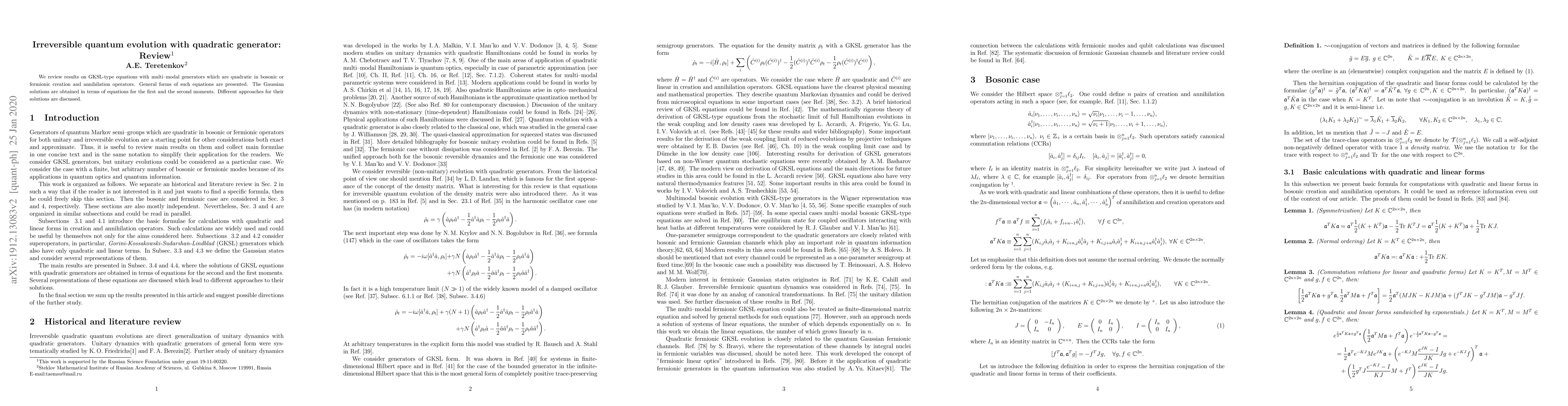Thumbnail for Irreversible quantum evolution with quadratic generator: Review