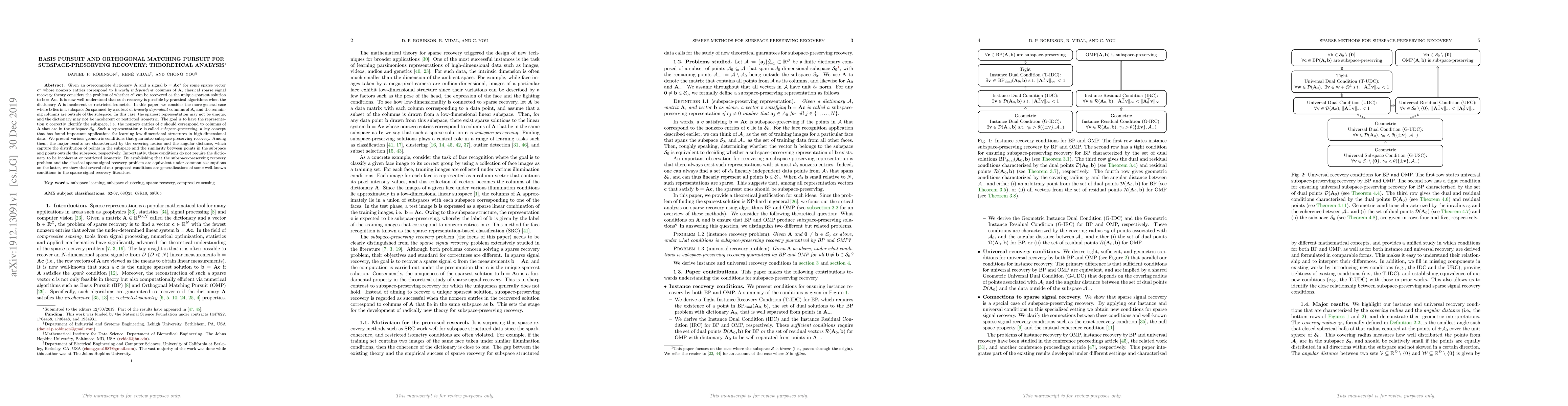 Thumbnail for Basis Pursuit and Orthogonal Matching Pursuit for Subspace-preserving
  Recovery: Theoretical Analysis