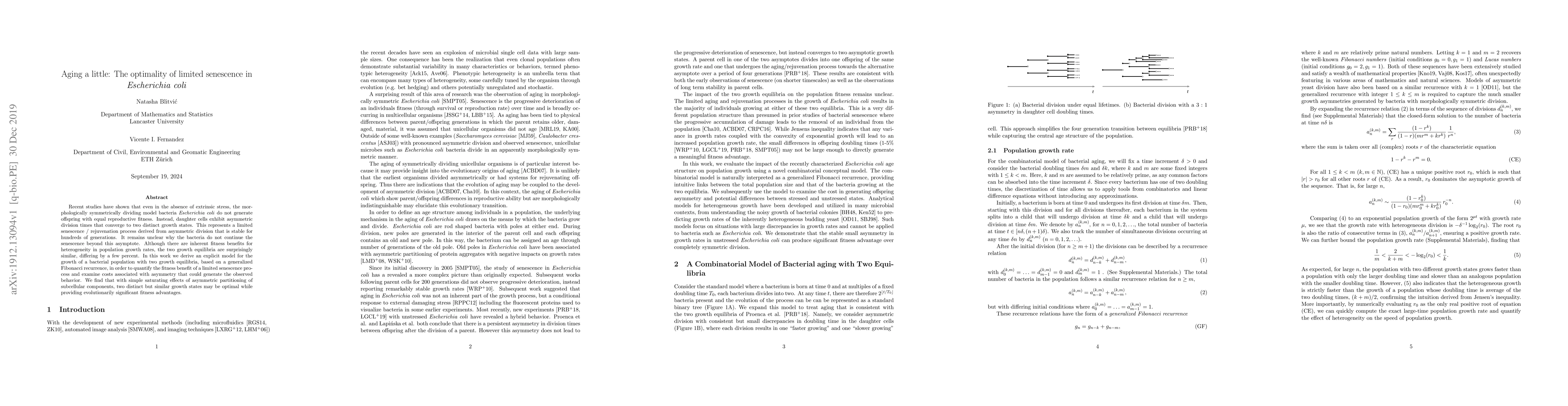 Thumbnail for Aging a little: The optimality of limited senescence in Escherichia coli