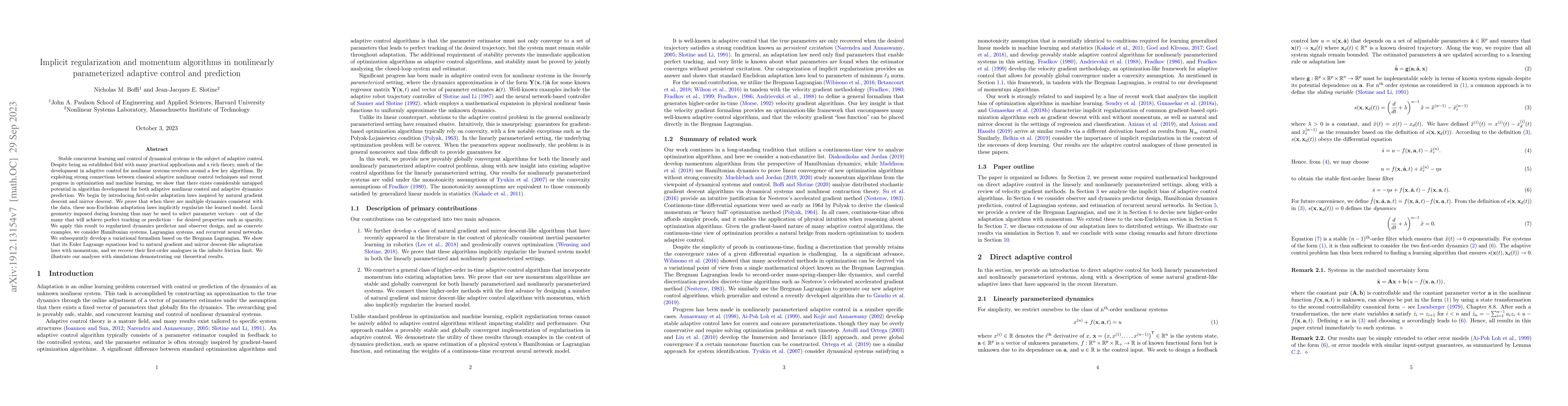 Thumbnail for Implicit Regularization and Momentum Algorithms in Nonlinearly
  Parameterized Adaptive Control and Prediction