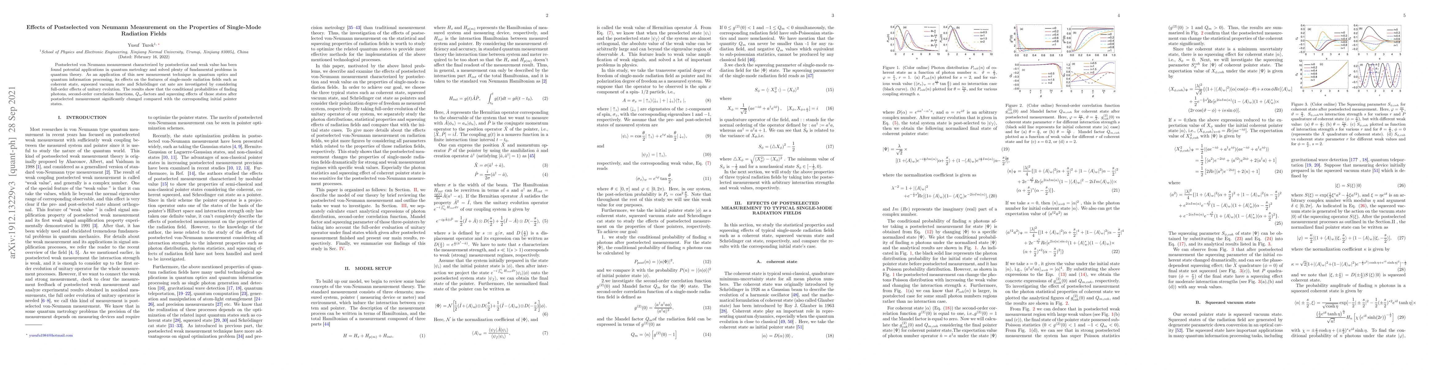 Thumbnail for Effects of Postselected von Neumann Measurement on the Properties of
  Single-Mode Radiation Fields