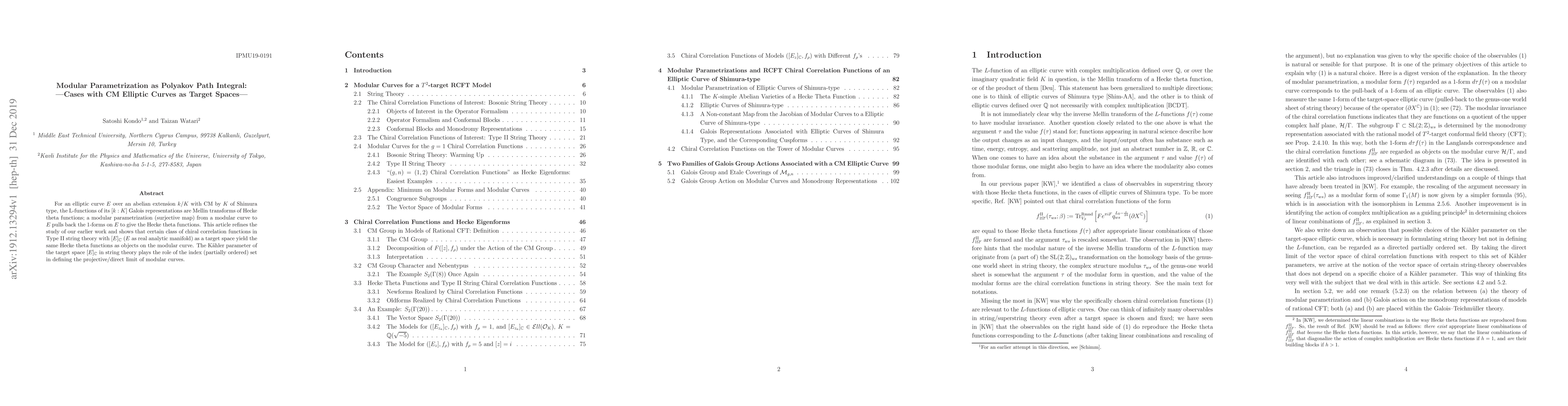 Thumbnail for Modular Parametrization as Polyakov Path Integral: Cases with CM
  Elliptic Curves as Target Spaces