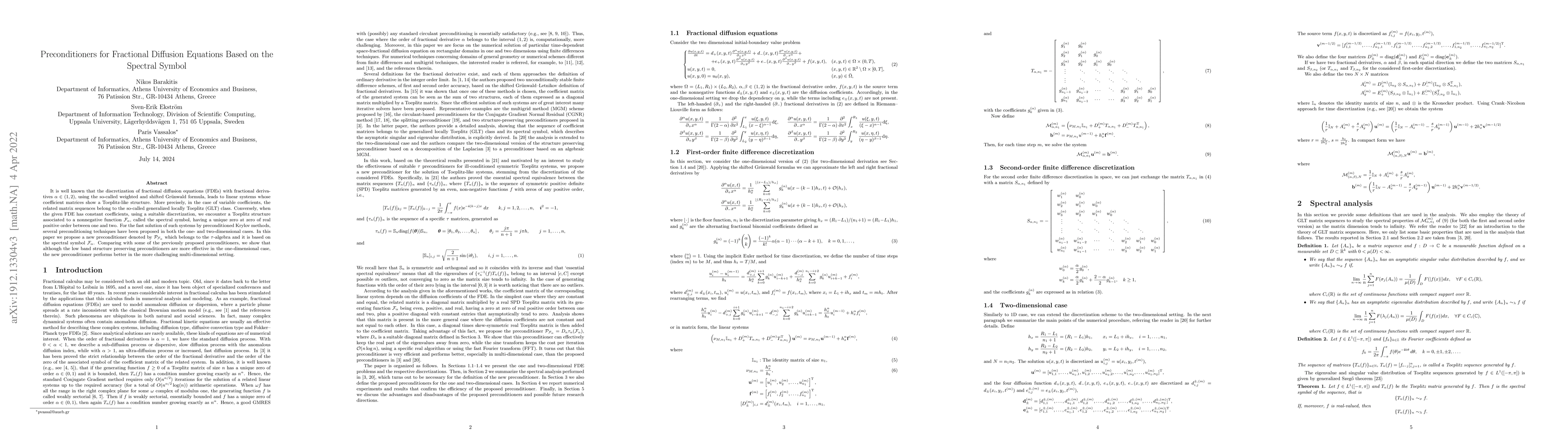 Thumbnail for Preconditioners for Fractional Diffusion Equations Based on the Spectral
  Symbol