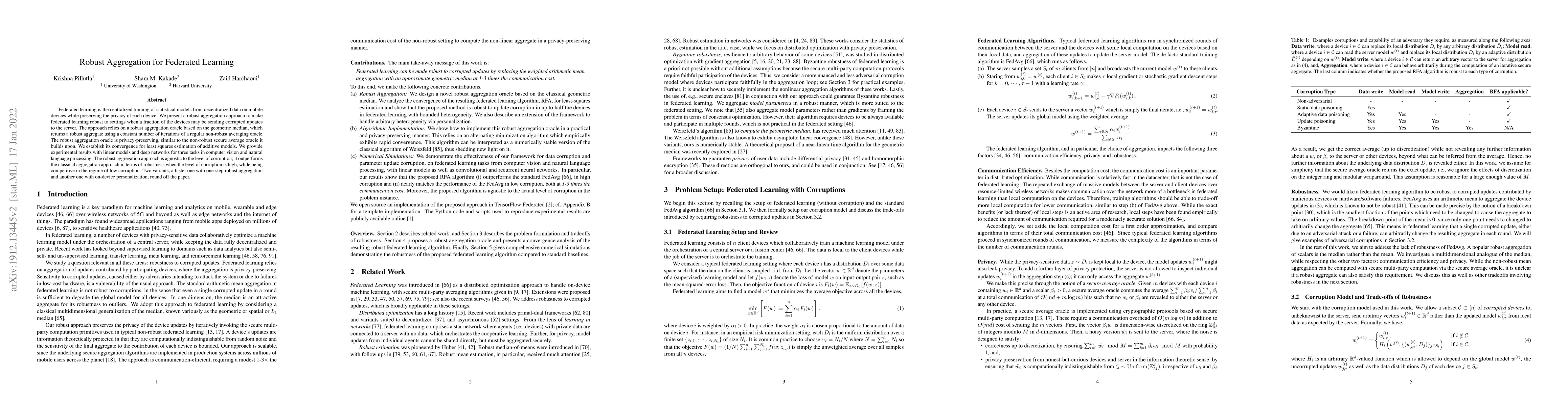 Thumbnail for Robust Aggregation for Federated Learning