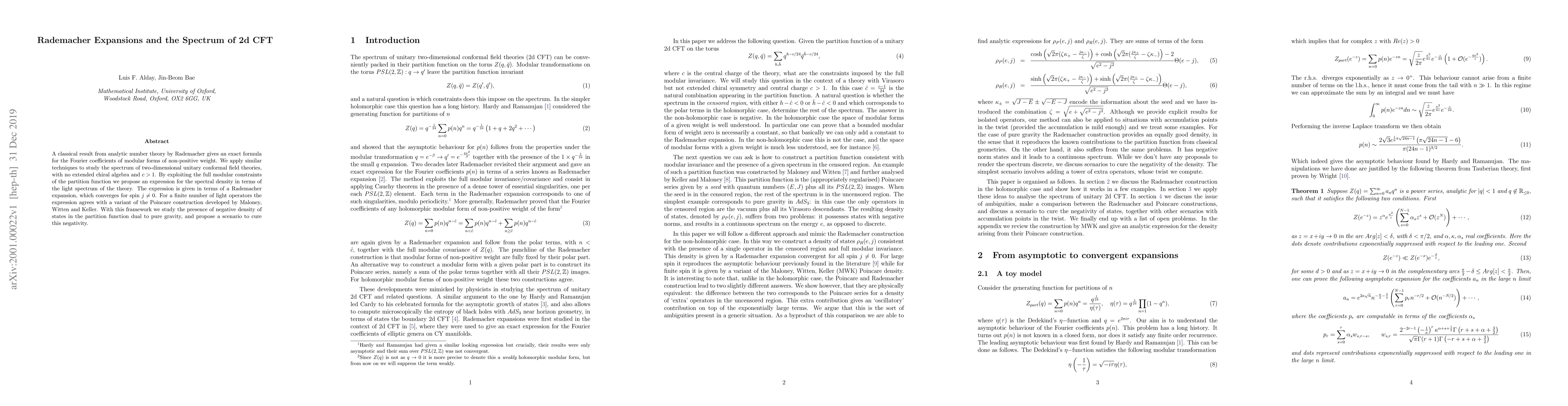 Thumbnail for Rademacher Expansions and the Spectrum of 2d CFT