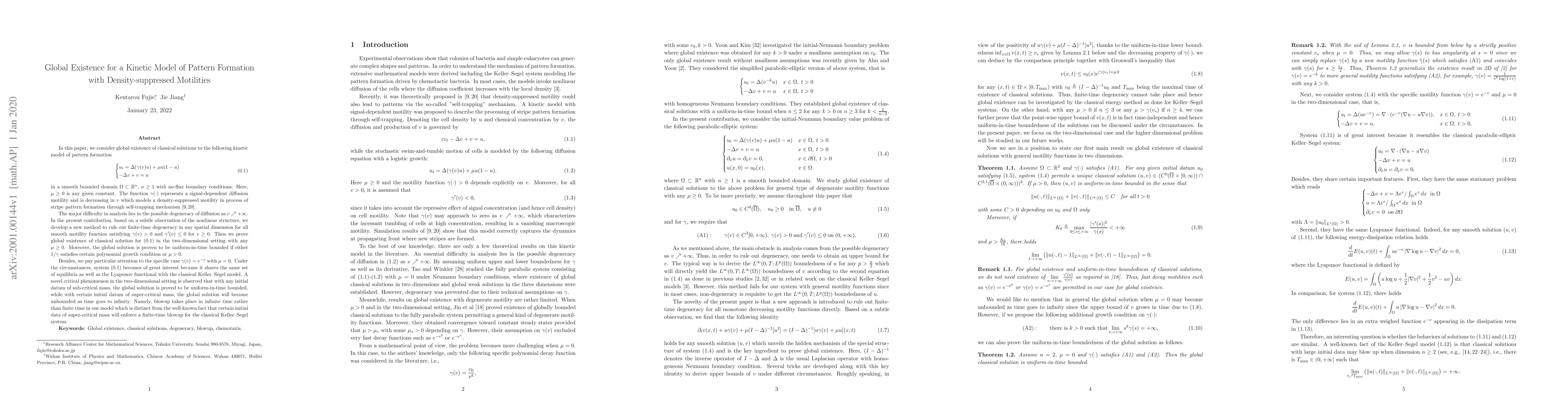 Thumbnail for Global Existence for a Kinetic Model of Pattern Formation with
  Density-suppressed Motilities