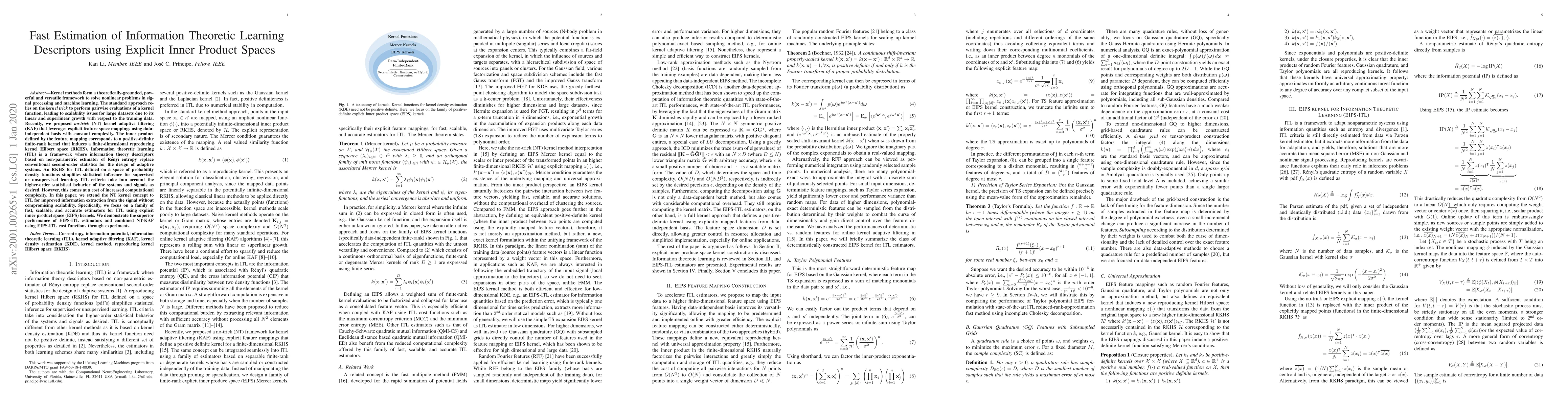 Thumbnail for Fast Estimation of Information Theoretic Learning Descriptors using
  Explicit Inner Product Spaces