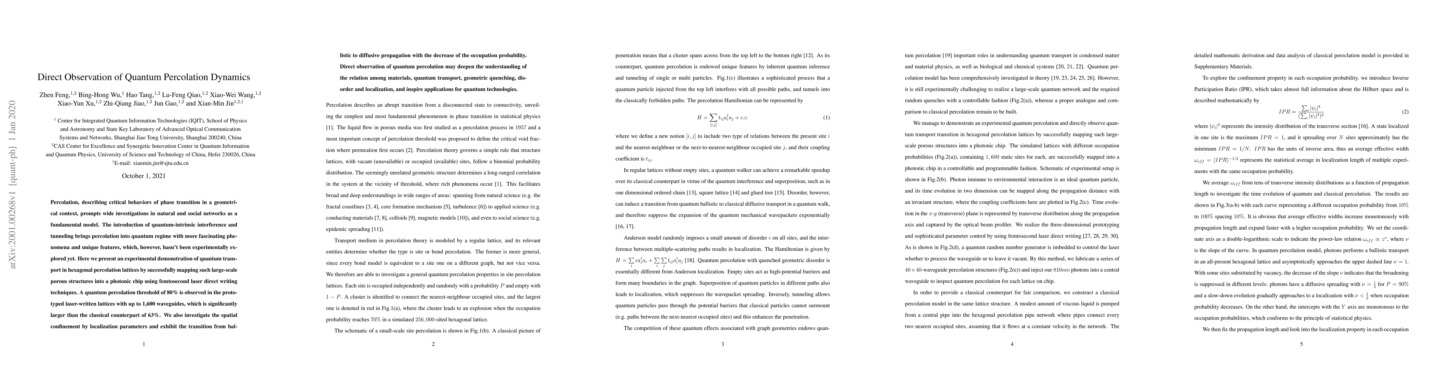 Thumbnail for Direct Observation of Quantum Percolation Dynamics