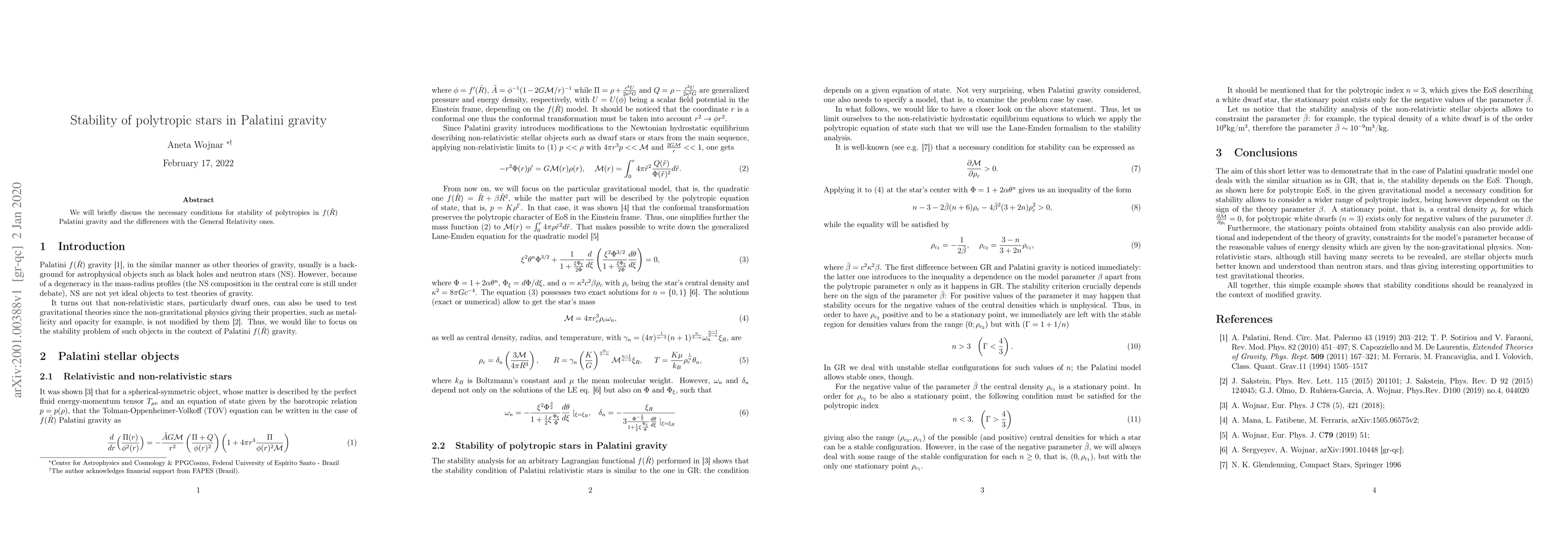Thumbnail for Stability of polytropic stars in Palatini gravity