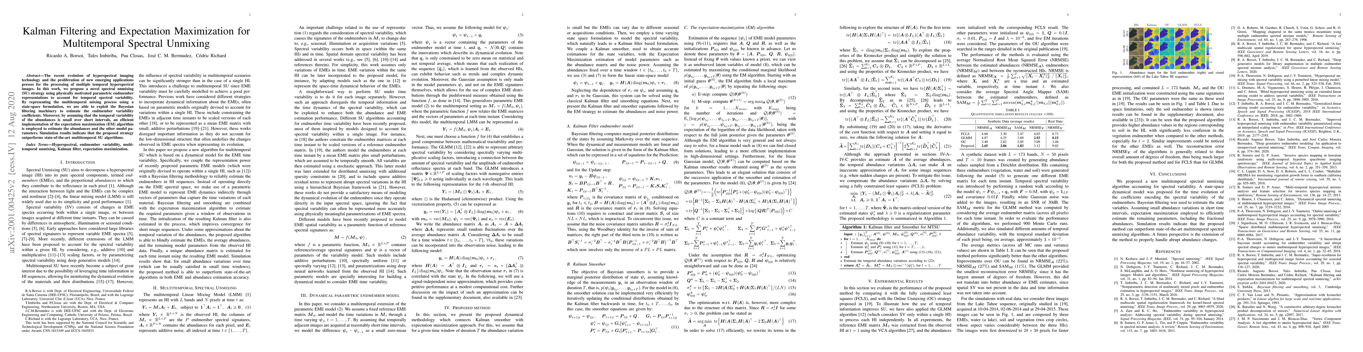Thumbnail for Kalman Filtering and Expectation Maximization for Multitemporal Spectral
  Unmixing