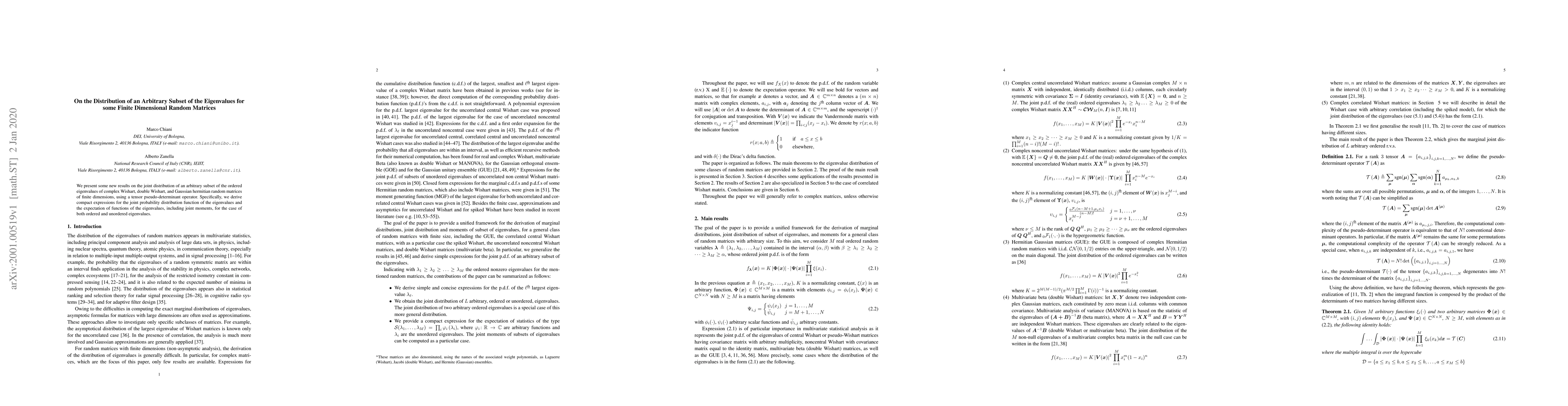 Thumbnail for On the Distribution of an Arbitrary Subset of the Eigenvalues for some
  Finite Dimensional Random Matrices