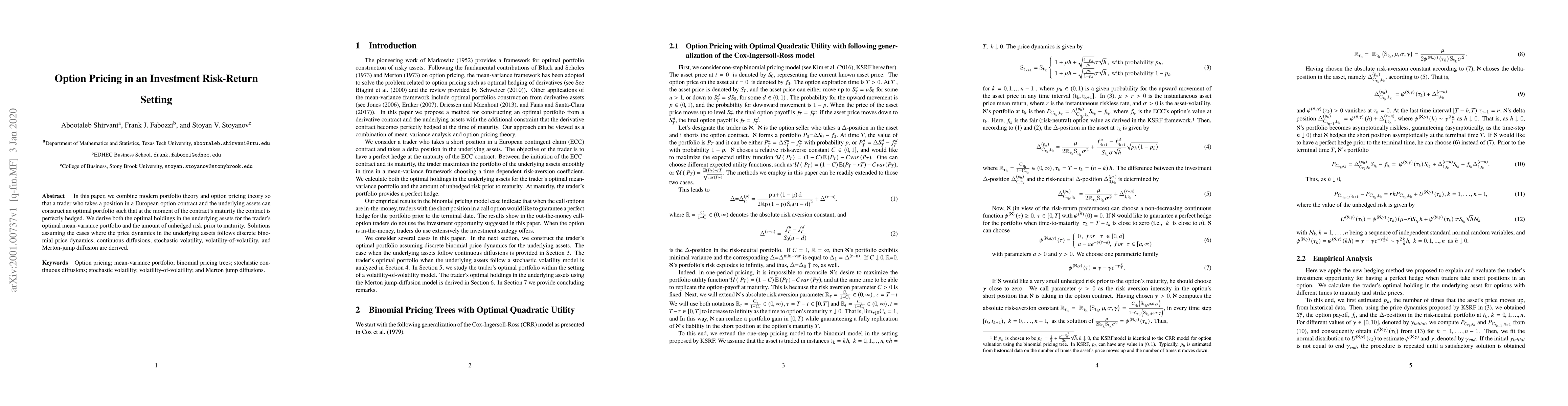 Thumbnail for Option Pricing in an Investment Risk-Return Setting
