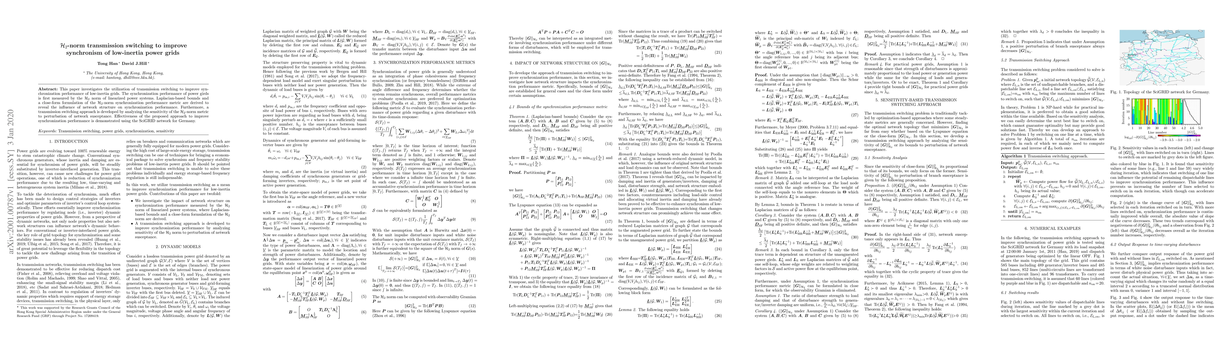 Thumbnail for $\mathcal{H}_2$-norm transmission switching to improve synchronism of
  low-inertia power grids