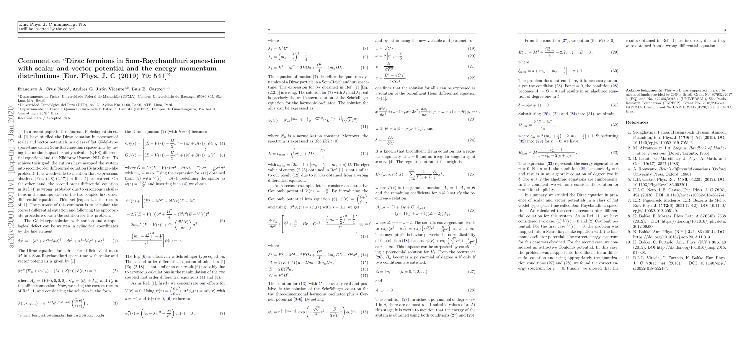 Thumbnail for Comment on "Dirac fermions in Som-Raychaudhuri space-time with scalar
  and vector potential and the energy momentum distributions"