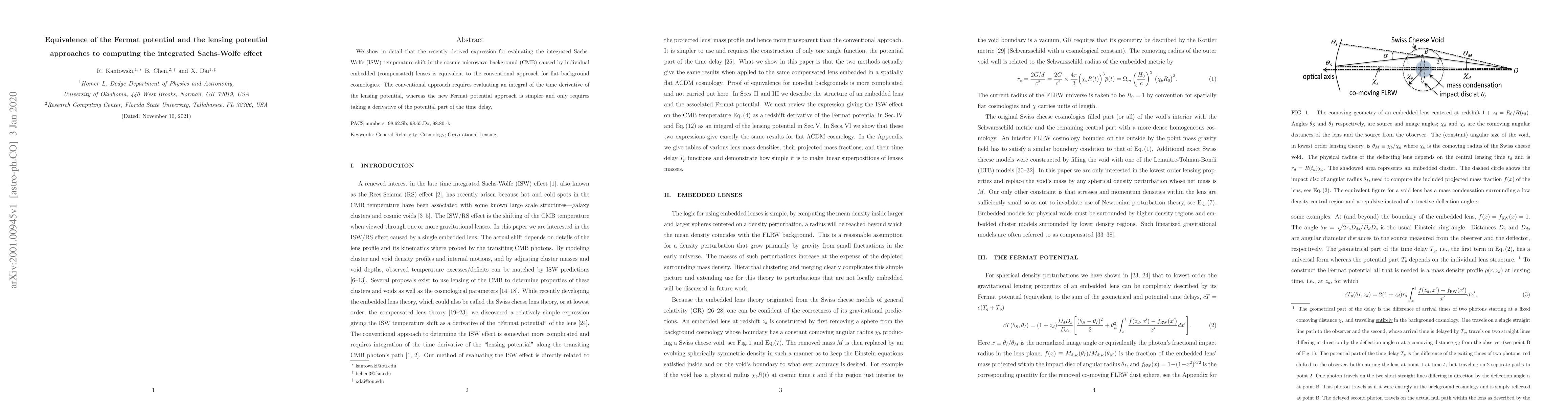 Thumbnail for Equivalence of the Fermat potential and the lensing potential approaches
  to computing the integrated Sachs-Wolfe effect