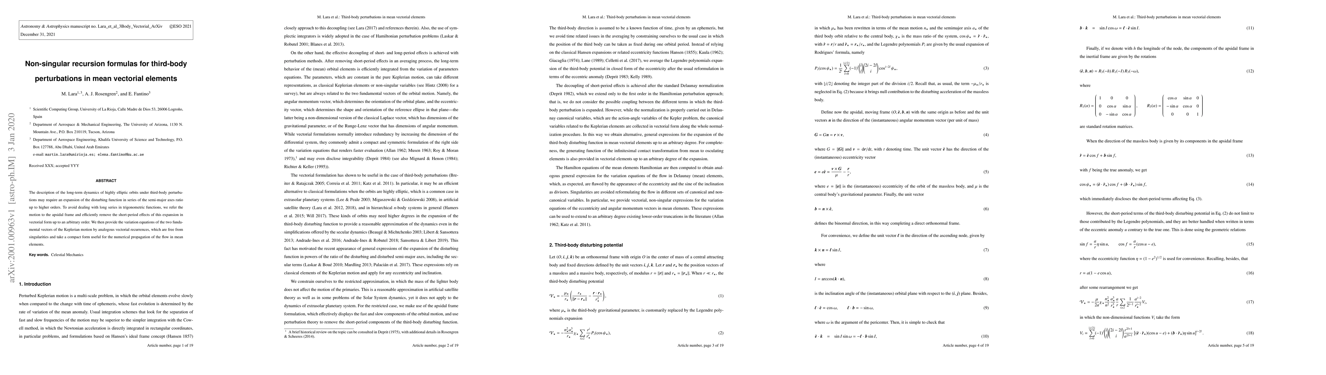 Thumbnail for Non-singular recursion formulas for third-body perturbations in mean
  vectorial elements