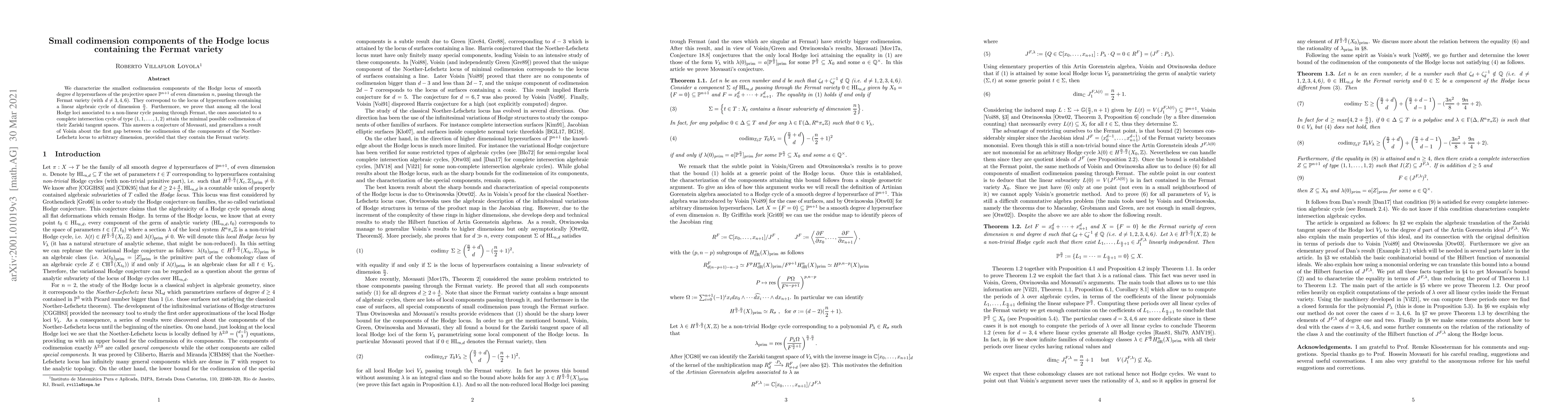 Thumbnail for Small codimension components of the Hodge locus containing the Fermat
  variety