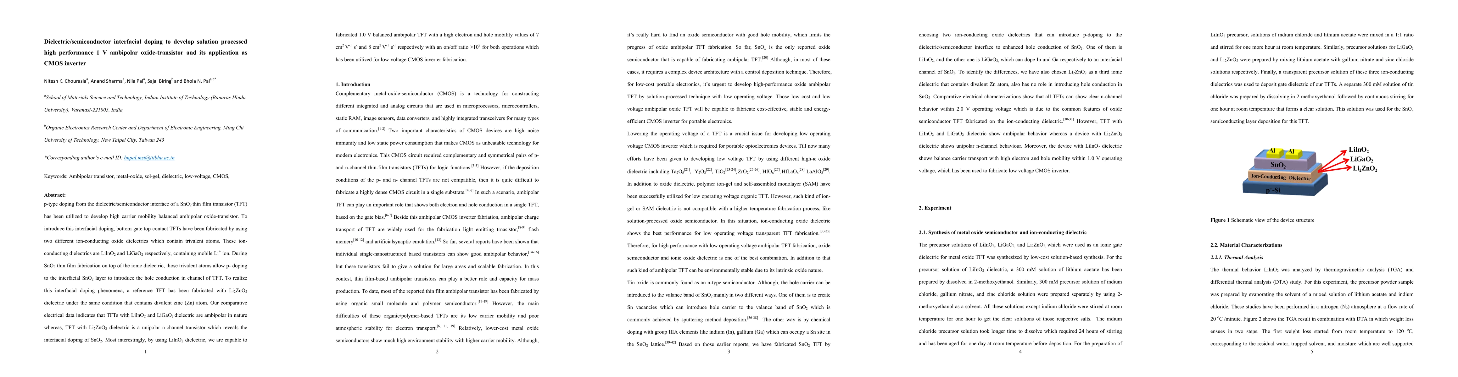Thumbnail for Dielectric/semiconductor interfacial doping to develop solution
  processed high performance 1 V ambipolar oxide-transistor and its application
  as CMOS inverter