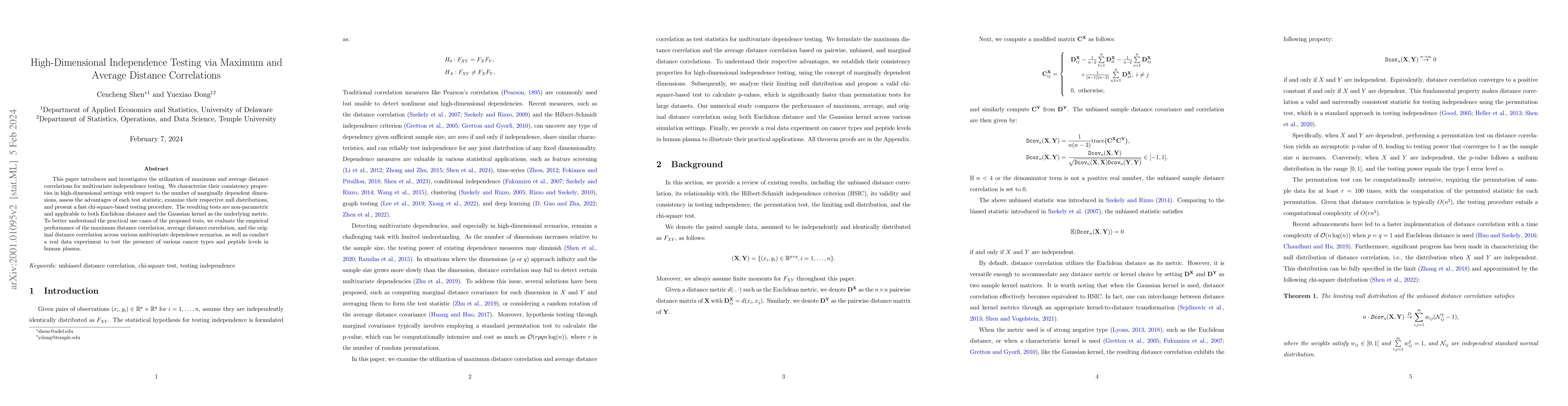 Thumbnail for High-Dimensional Independence Testing via Maximum and Average Distance
  Correlations