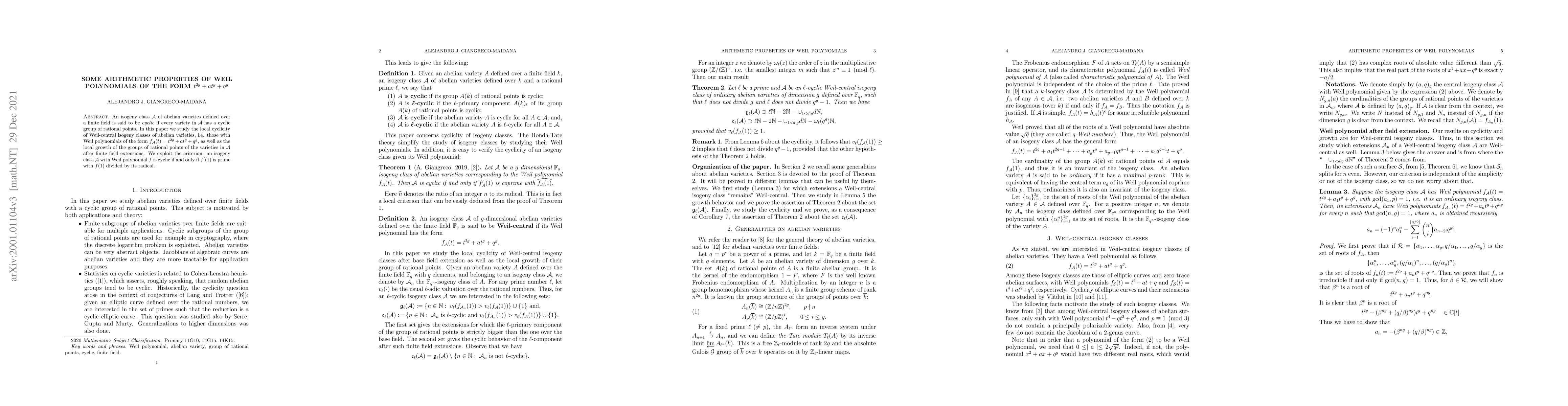 Thumbnail for Some arithmetic properties of Weil polynomials of the form
  $t^{2g}+at^g+q^g$