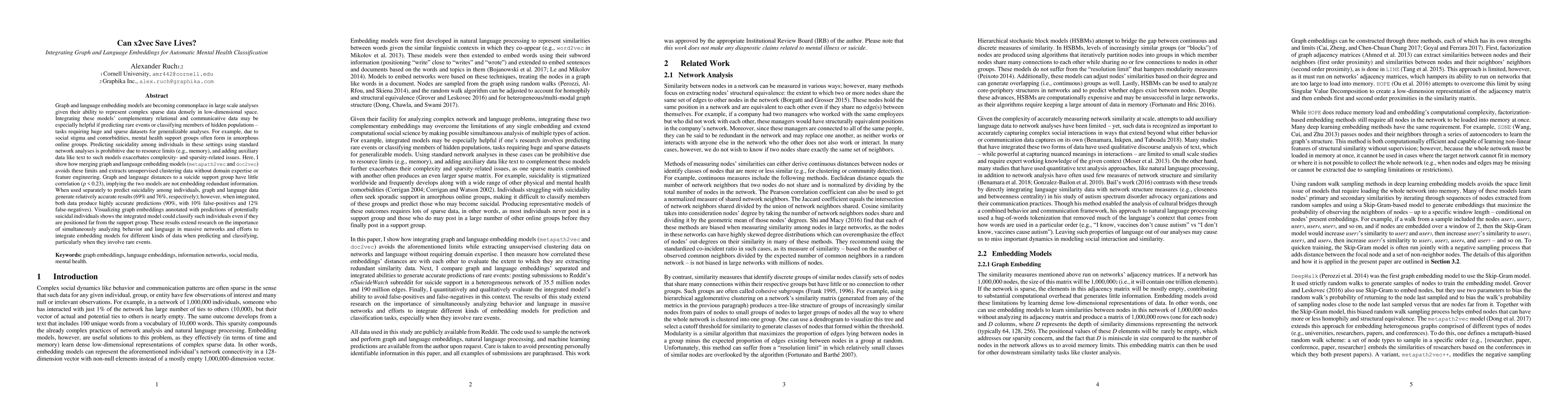 Thumbnail for Can x2vec Save Lives? Integrating Graph and Language Embeddings for
  Automatic Mental Health Classification