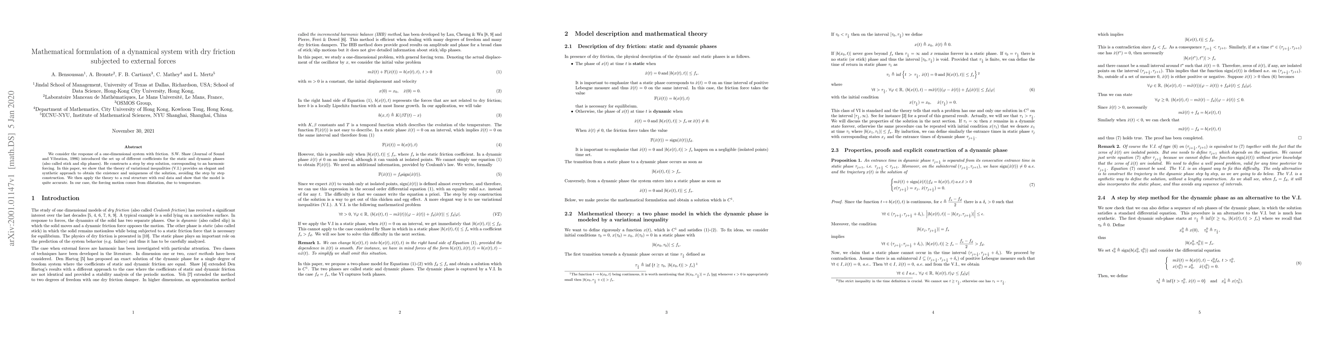 Thumbnail for Mathematical formulation of a dynamical system with dry friction
  subjected to external forces